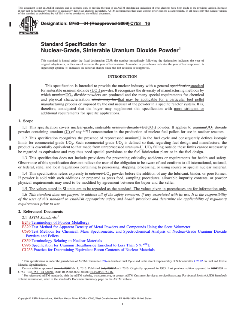 REDLINE ASTM C753-16 - Standard Specification for  Nuclear-Grade, Sinterable Uranium Dioxide Powder