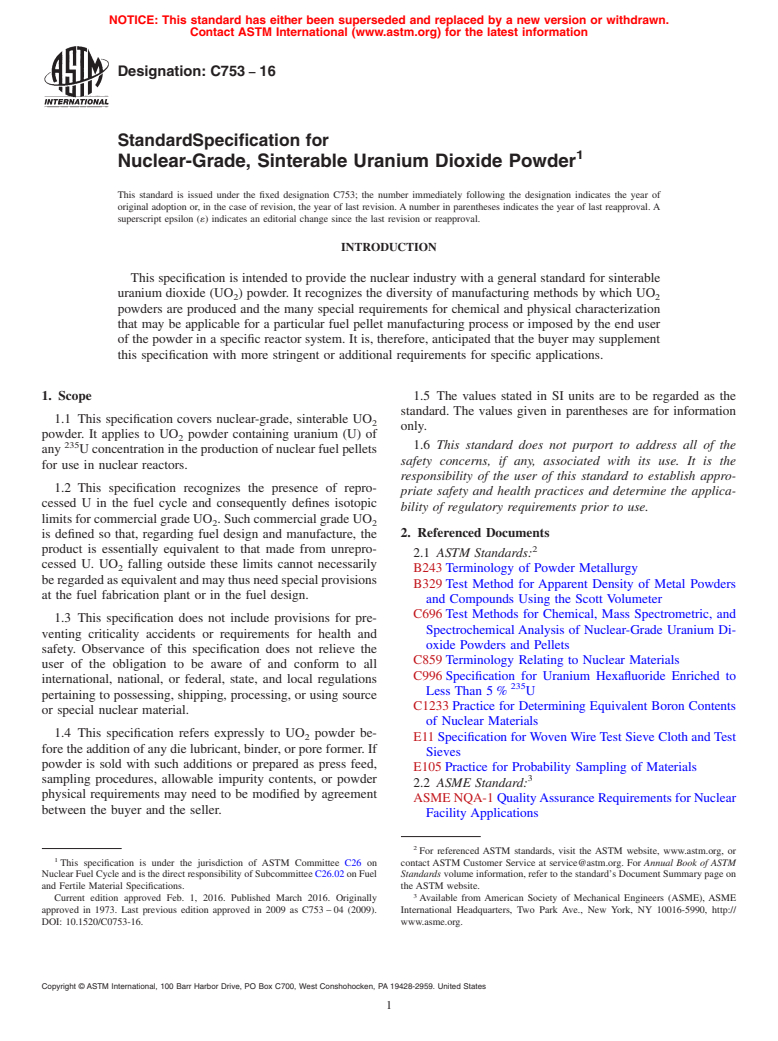 ASTM C753-16 - Standard Specification for  Nuclear-Grade, Sinterable Uranium Dioxide Powder