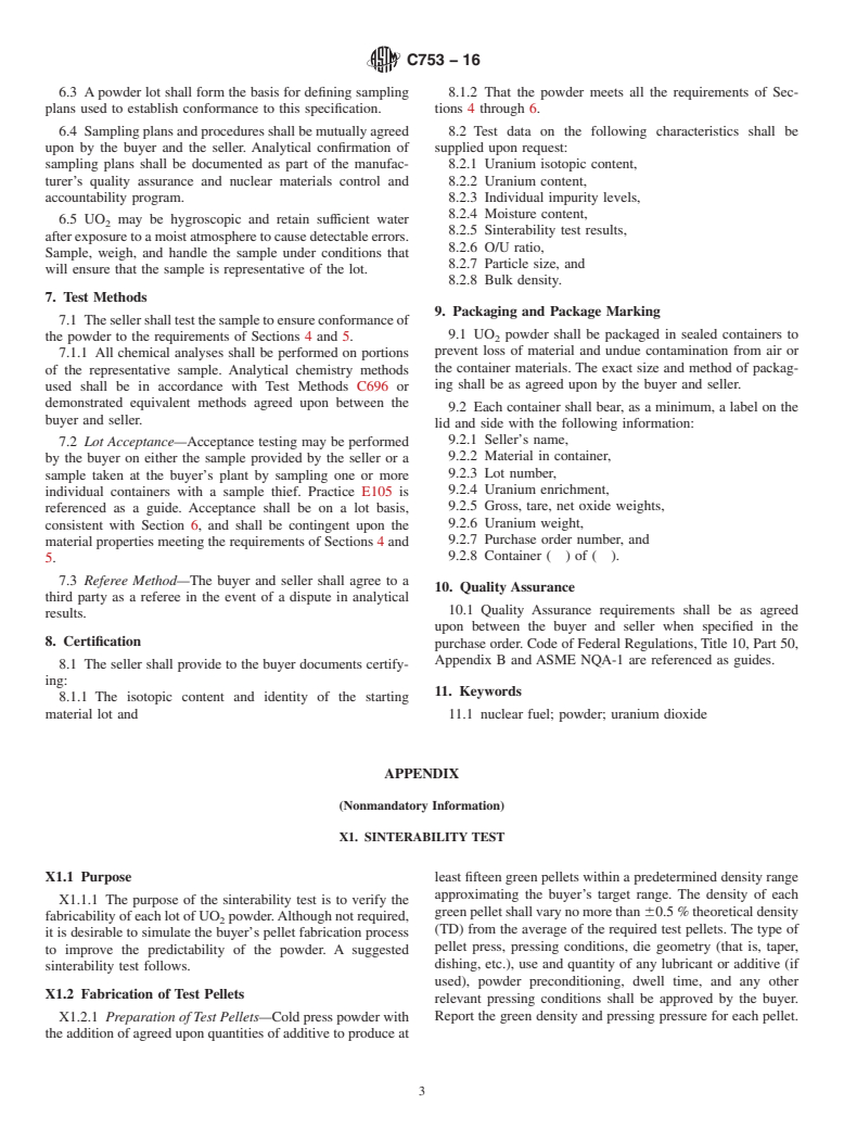 ASTM C753-16 - Standard Specification for  Nuclear-Grade, Sinterable Uranium Dioxide Powder