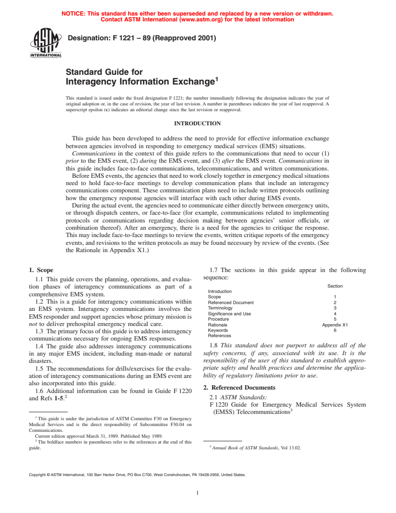 ASTM F1221-89(2001) - Standard Guide for Interagency Information Exchange