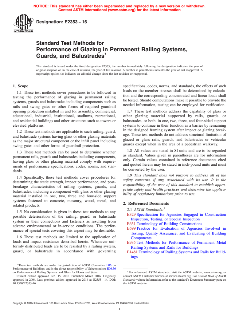 ASTM E2353-16 - Standard Test Methods for Performance of Glazing in Permanent Railing Systems, Guards,  and Balustrades