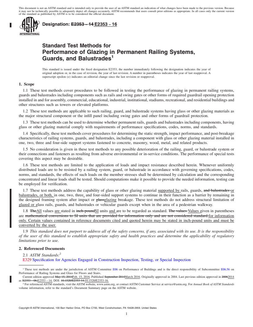 REDLINE ASTM E2353-16 - Standard Test Methods for Performance of Glazing in Permanent Railing Systems, Guards,  and Balustrades