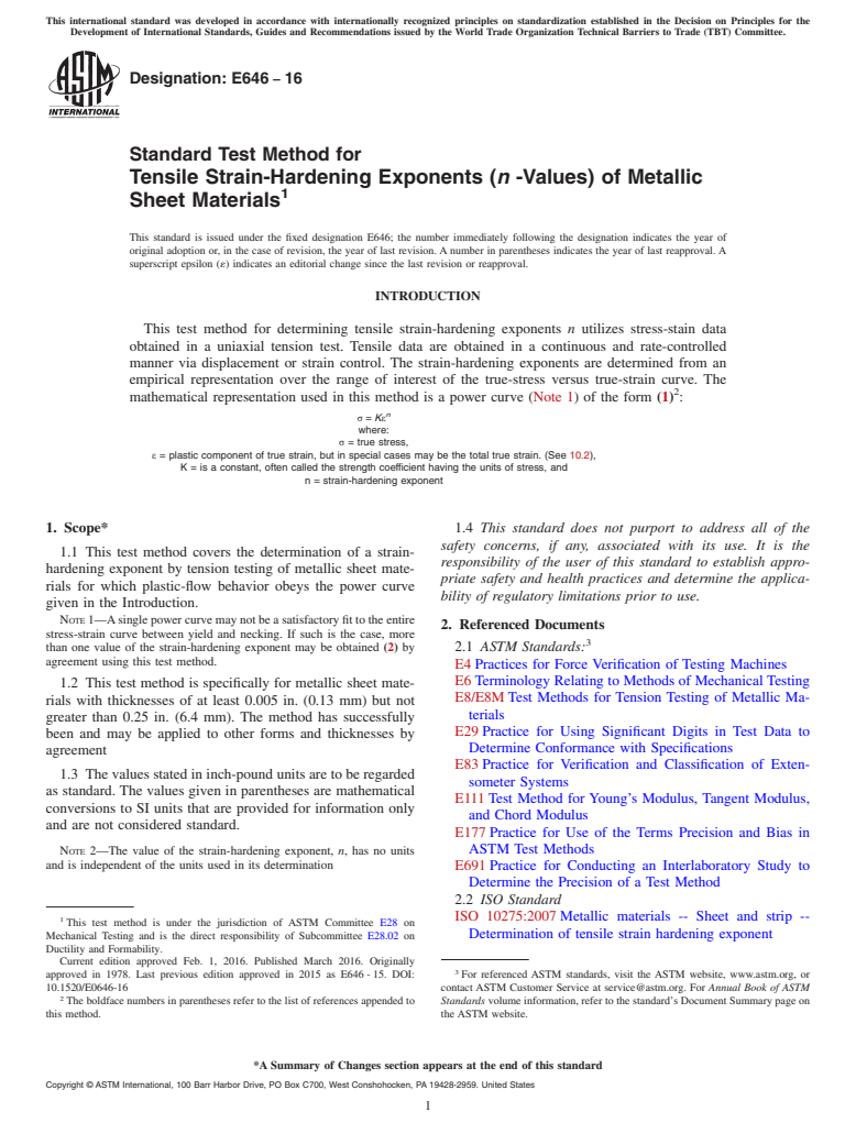 ASTM E646-16 - Standard Test Method for  Tensile Strain-Hardening Exponents (<emph type="bdit">n</emph  > -Values) of Metallic Sheet Materials