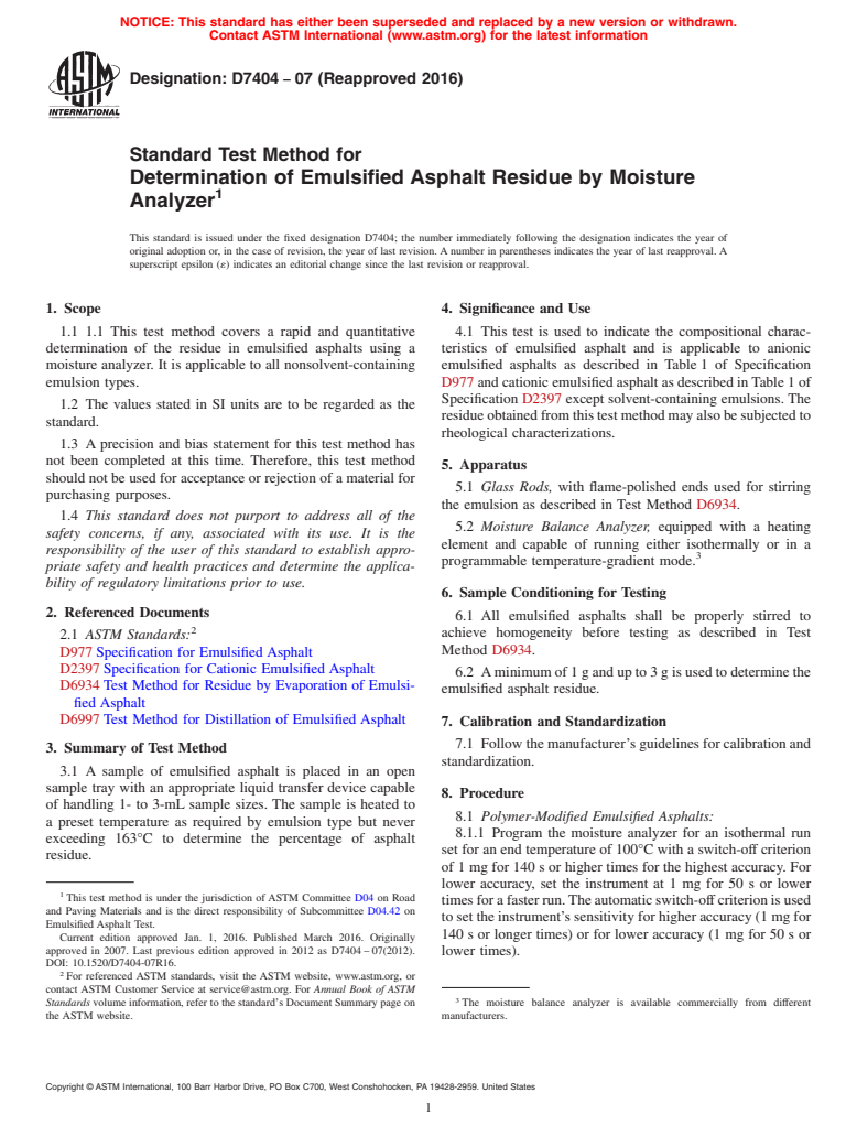 ASTM D7404-07(2016) - Standard Test Method for  Determination of Emulsified Asphalt Residue by Moisture Analyzer