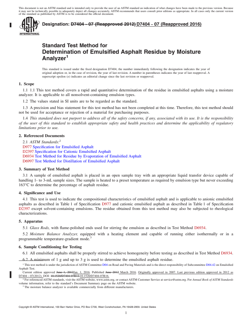 REDLINE ASTM D7404-07(2016) - Standard Test Method for  Determination of Emulsified Asphalt Residue by Moisture Analyzer