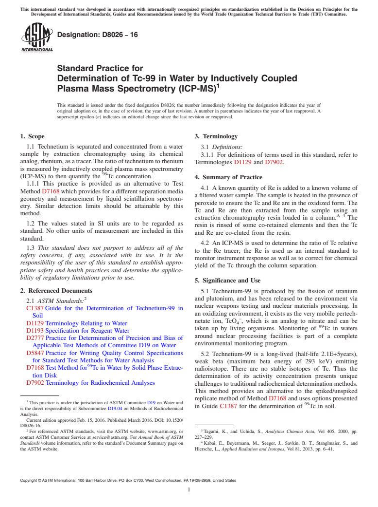 ASTM D8026-16 - Standard Practice for Determination of Tc-99 in Water by Inductively Coupled Plasma  Mass Spectrometry (ICP-MS)