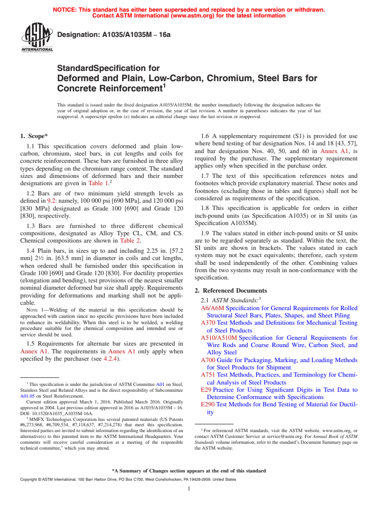 ASTM A1035/A1035M-16a - Standard Specification for  Deformed and Plain, Low-Carbon, Chromium, Steel Bars for Concrete  Reinforcement