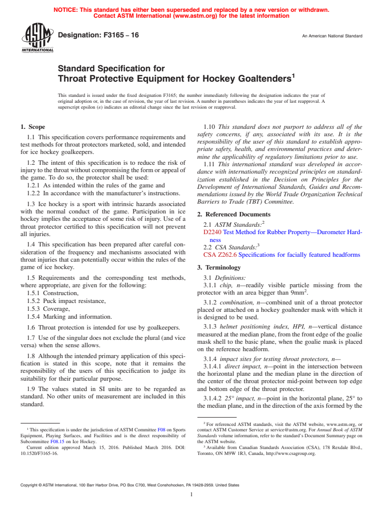 ASTM F3165-16 - Standard Specification for Throat Protective Equipment for Hockey Goaltenders