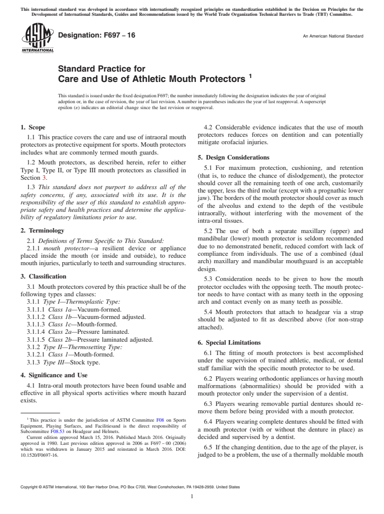 ASTM F697-16 - Standard Practice for  Care and Use of Athletic Mouth Protectors