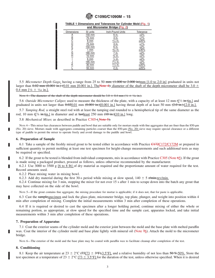 REDLINE ASTM C1090/C1090M-15 - Standard Test Method for  Measuring Changes in Height of Cylindrical Specimens of Hydraulic-Cement  Grout