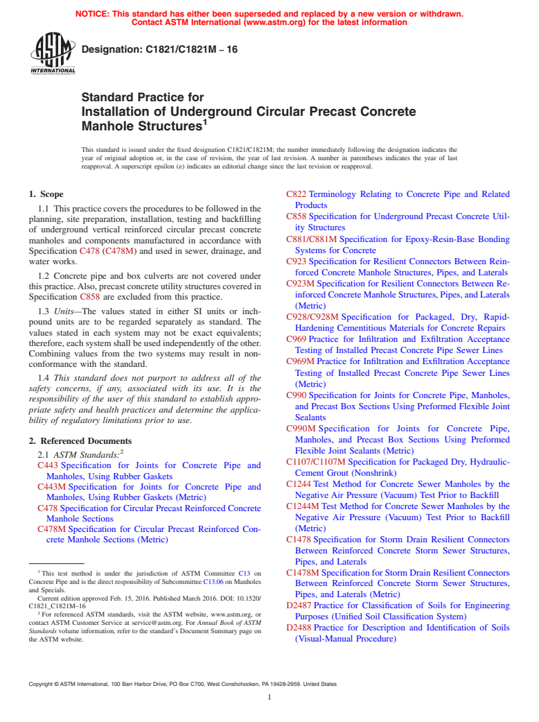 ASTM C1821/C1821M-16 - Standard Practice for Installation of Underground Circular Precast Concrete Manhole  Structures