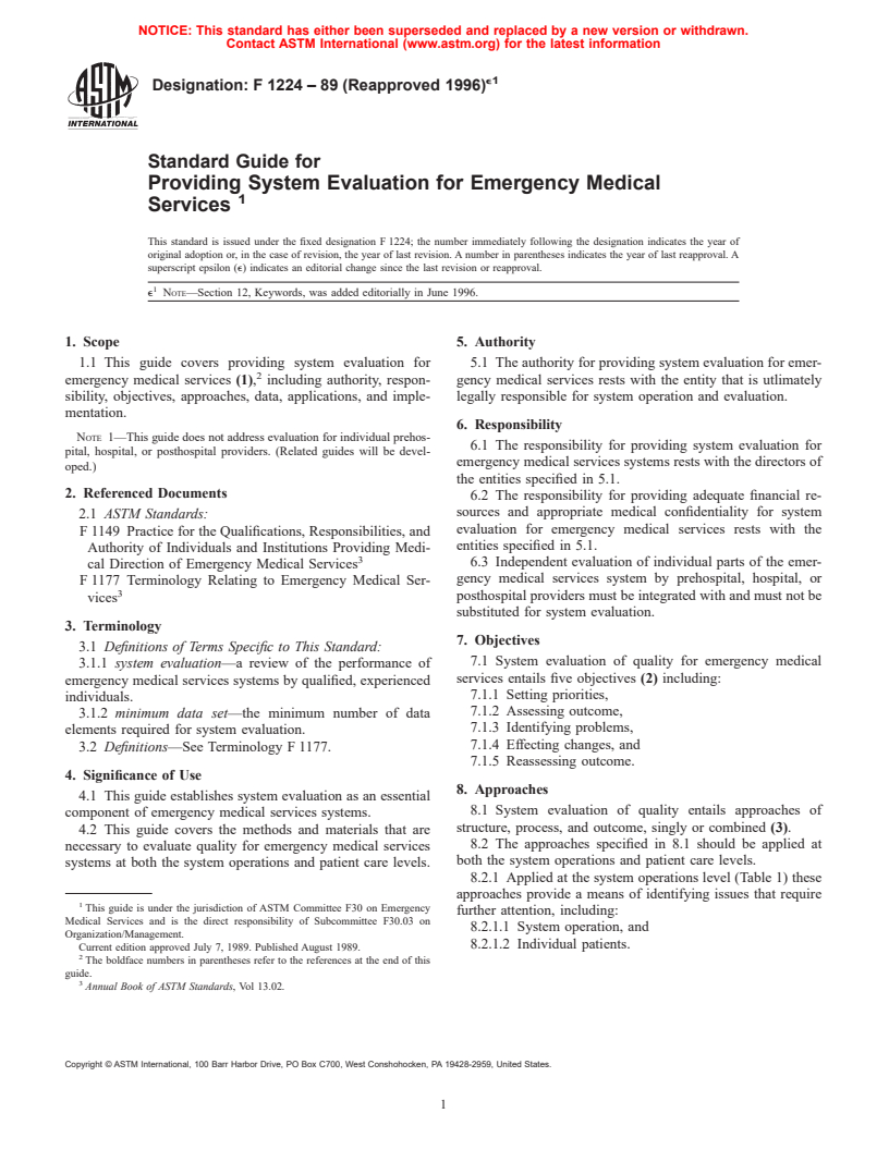 ASTM F1224-89(1996)e1 - Standard Guide for Providing System Evaluation for  Emergency Medical Services
