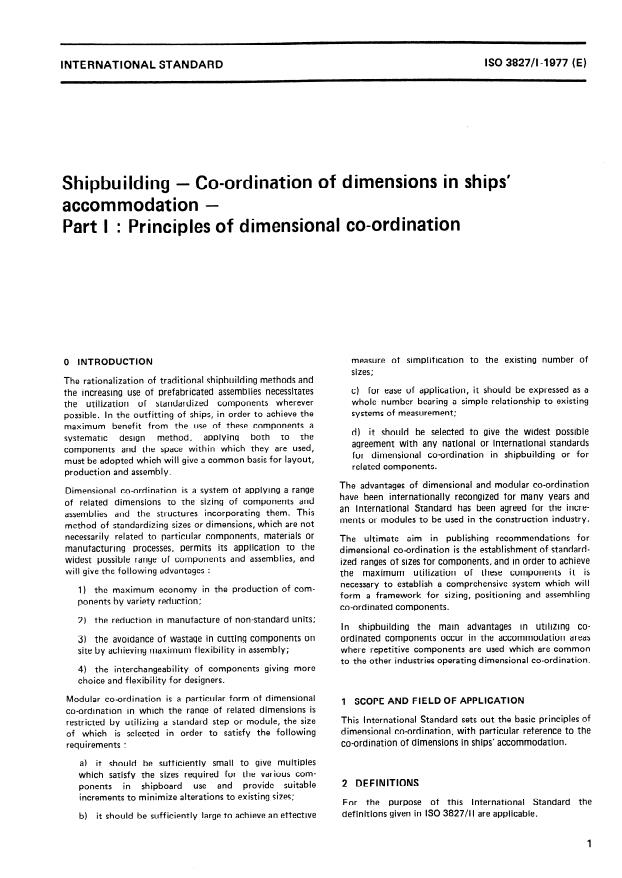 ISO 3827-1:1977 - Shipbuilding -- Co-ordination of dimensions in ships' accommodation