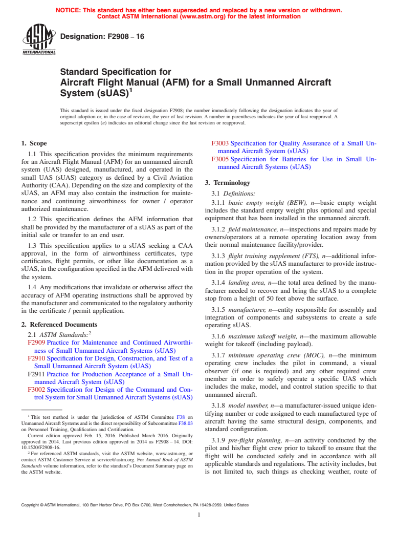 ASTM F2908-16 - Standard Specification for Aircraft Flight Manual (AFM) for a Small Unmanned Aircraft  System (sUAS)