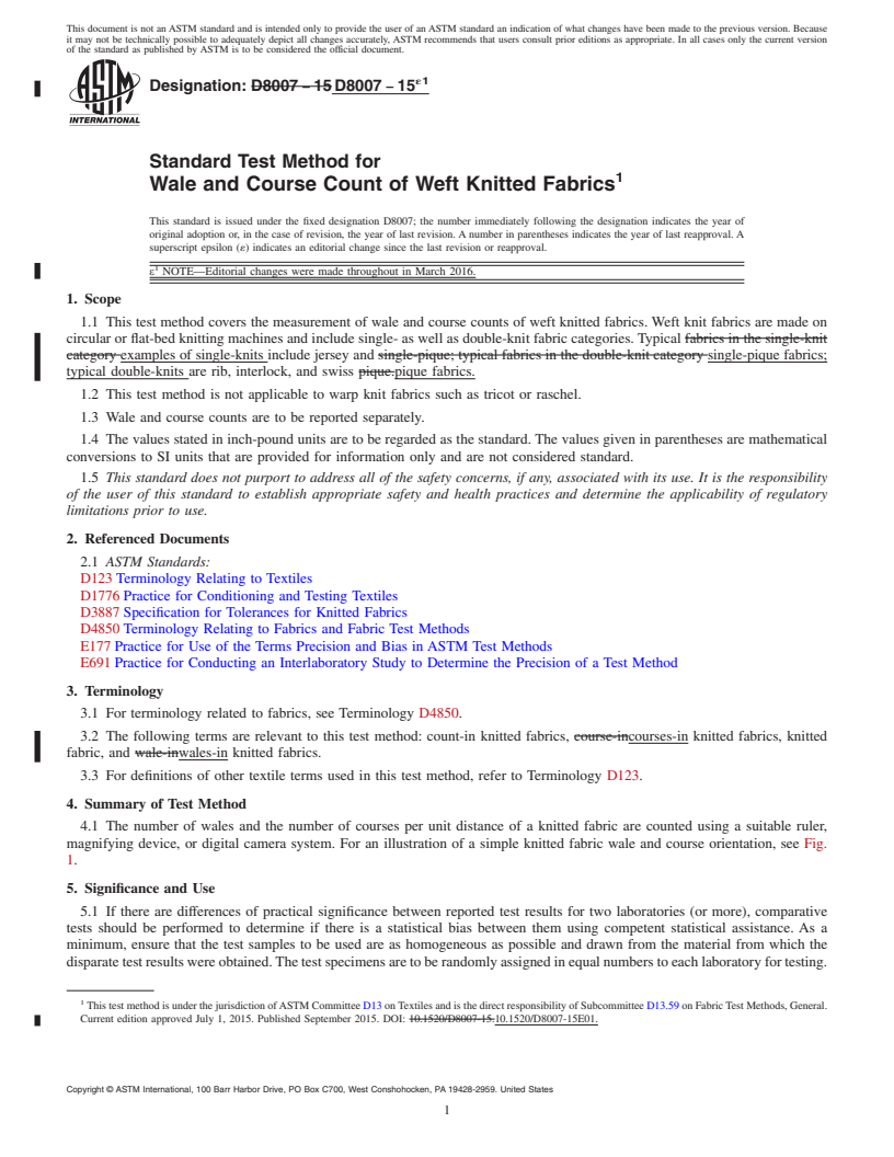 REDLINE ASTM D8007-15e1 - Standard Test Method for Wale and Course Count of Weft Knitted Fabrics