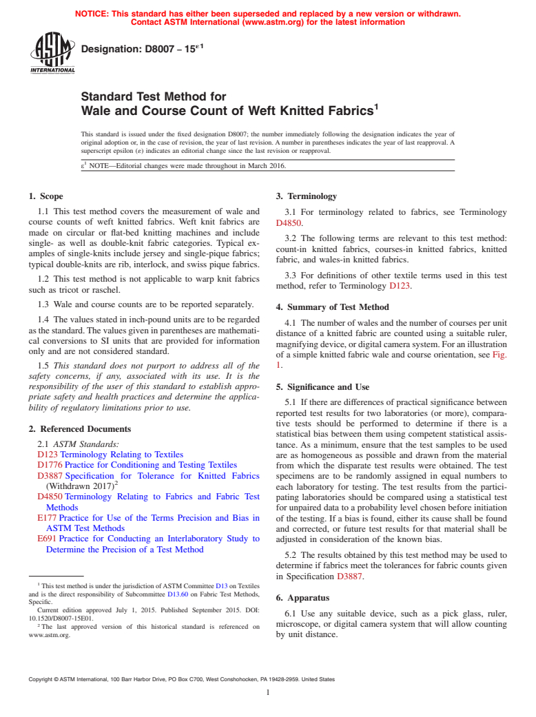 ASTM D8007-15e1 - Standard Test Method for Wale and Course Count of Weft Knitted Fabrics