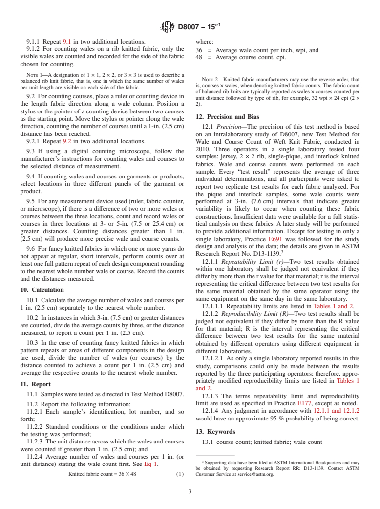 ASTM D8007-15e1 - Standard Test Method for Wale and Course Count of Weft Knitted Fabrics