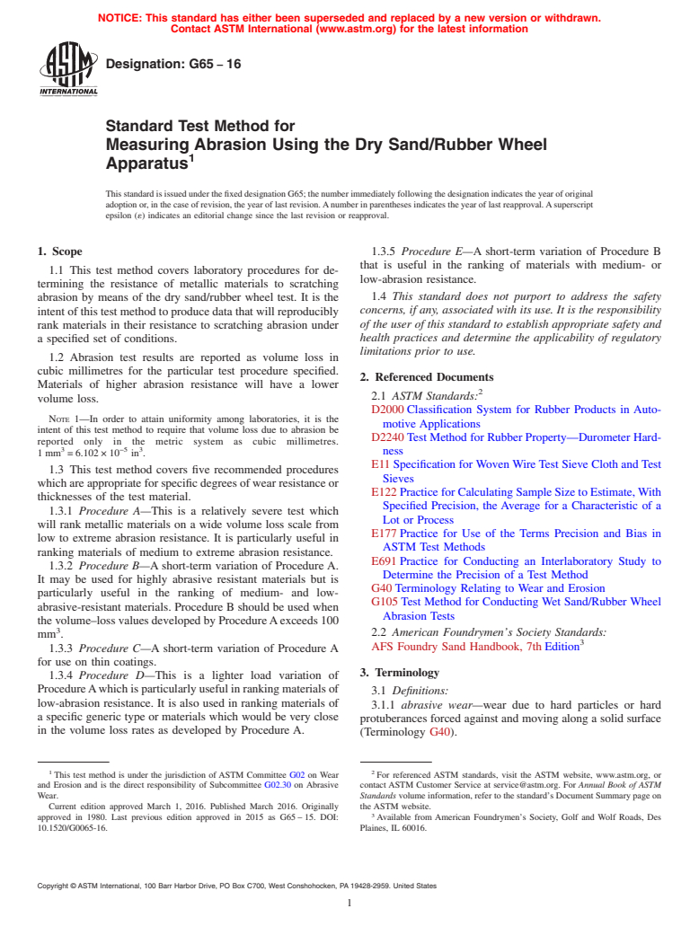 ASTM G65-16 - Standard Test Method for Measuring Abrasion Using the Dry Sand/Rubber Wheel Apparatus