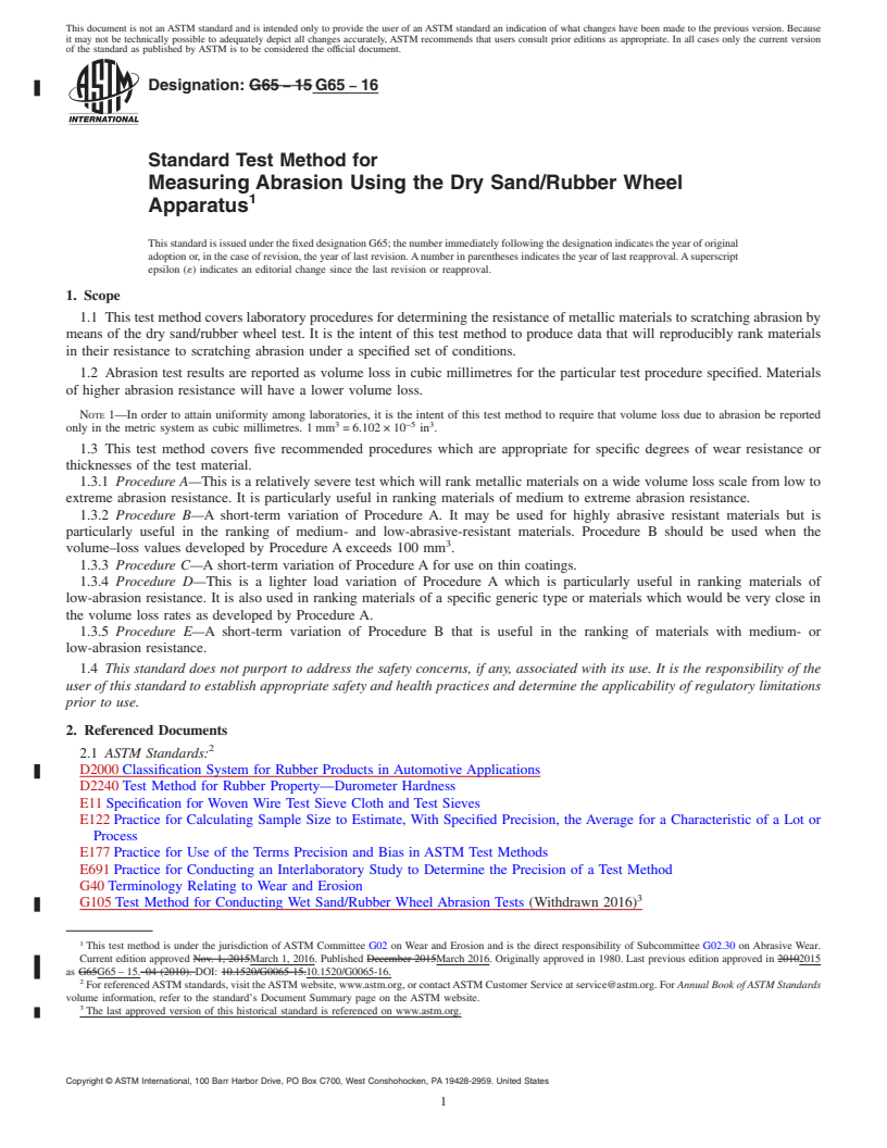 REDLINE ASTM G65-16 - Standard Test Method for Measuring Abrasion Using the Dry Sand/Rubber Wheel Apparatus