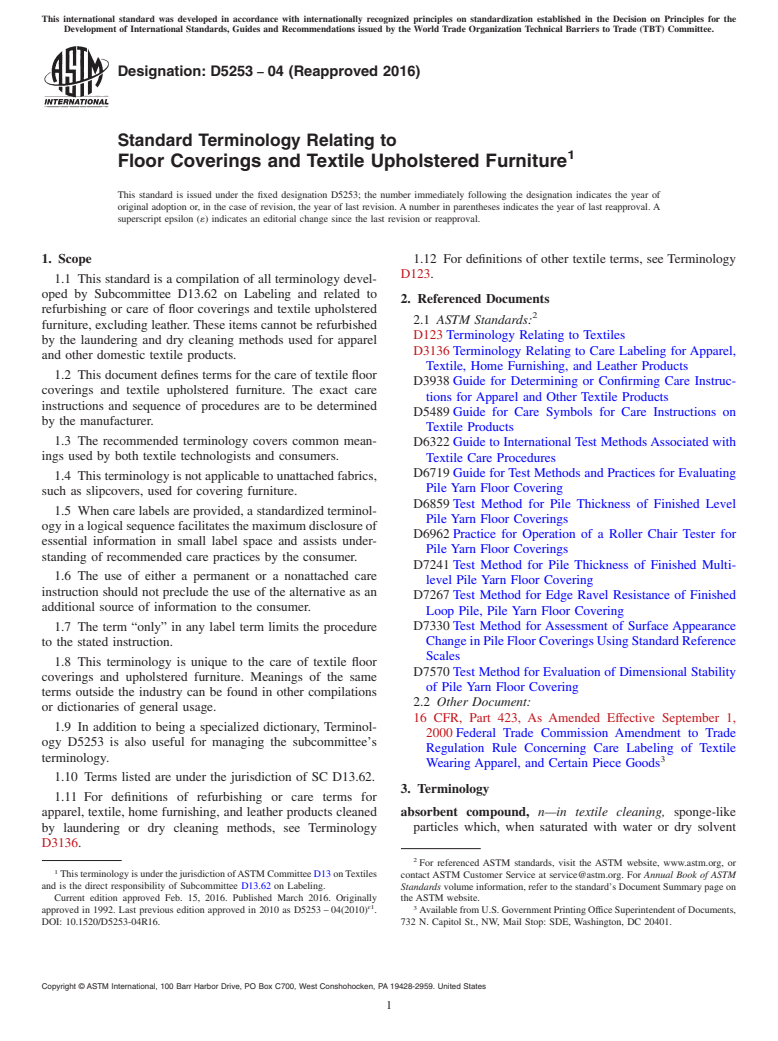 ASTM D5253-04(2016) - Standard Terminology Relating to  Floor Coverings and Textile Upholstered Furniture