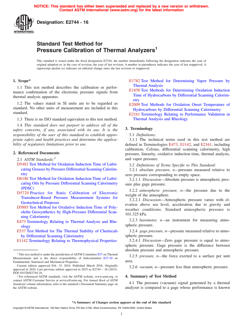 ASTM E2744-16 - Standard Test Method for  Pressure Calibration of Thermal Analyzers