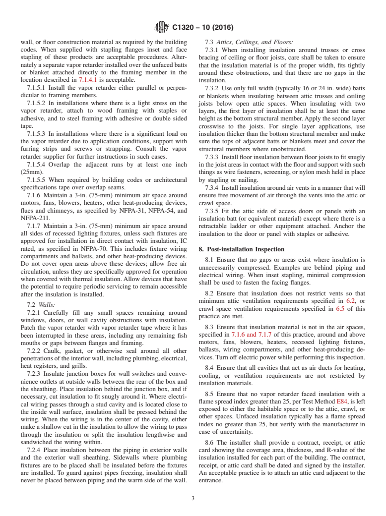 ASTM C1320-10(2016) - Standard Practice for  Installation of Mineral Fiber Batt and Blanket Thermal Insulation  for Light Frame Construction