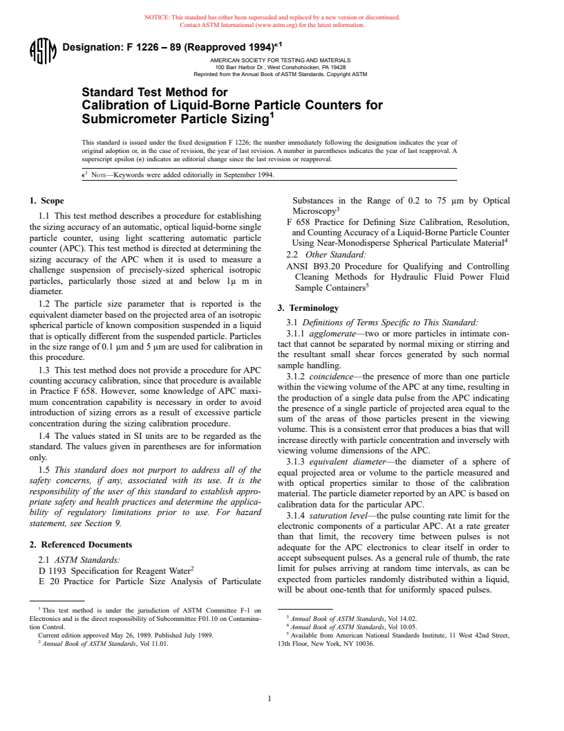 ASTM F1226-89(1994)e1 - Standard Test Method for Calibration of Liquid-Borne Particle Counters for Submicrometer Particle Sizing (Withdrawn 2002)