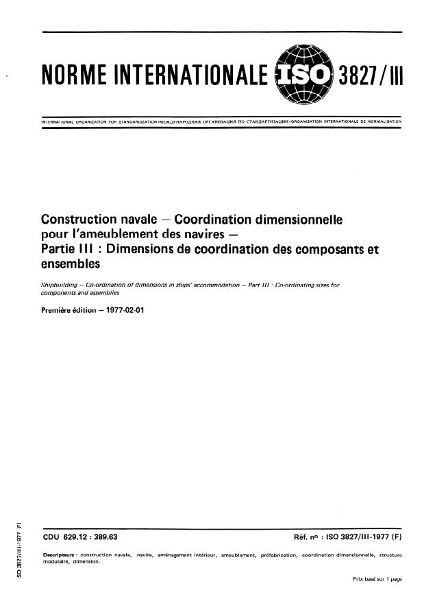 ISO 3827-3:1977 - Construction navale -- Coordination dimensionnelle pour l'ameublement des navires