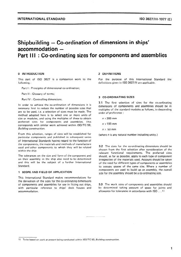 ISO 3827-3:1977 - Shipbuilding -- Co-ordination of dimensions in ships' accommodation