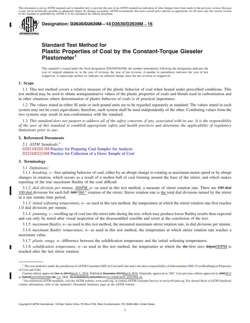 REDLINE ASTM D2639/D2639M-16 - Standard Test Method for Plastic Properties of Coal by the Constant-Torque Gieseler  Plastometer