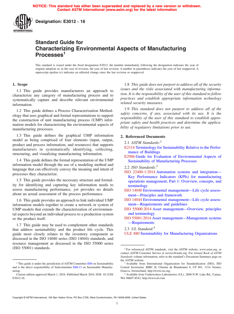 ASTM E3012-16 - Standard Guide for Characterizing Environmental Aspects of Manufacturing Processes