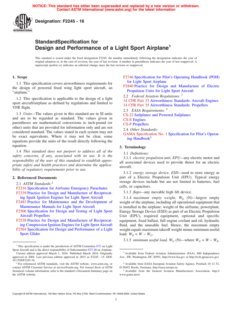 ASTM F2245-16 - Standard Specification for Design and Performance of a Light Sport Airplane