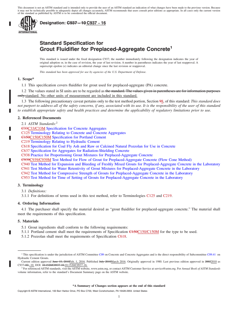 REDLINE ASTM C937-16 - Standard Specification for  Grout Fluidifier for Preplaced-Aggregate Concrete