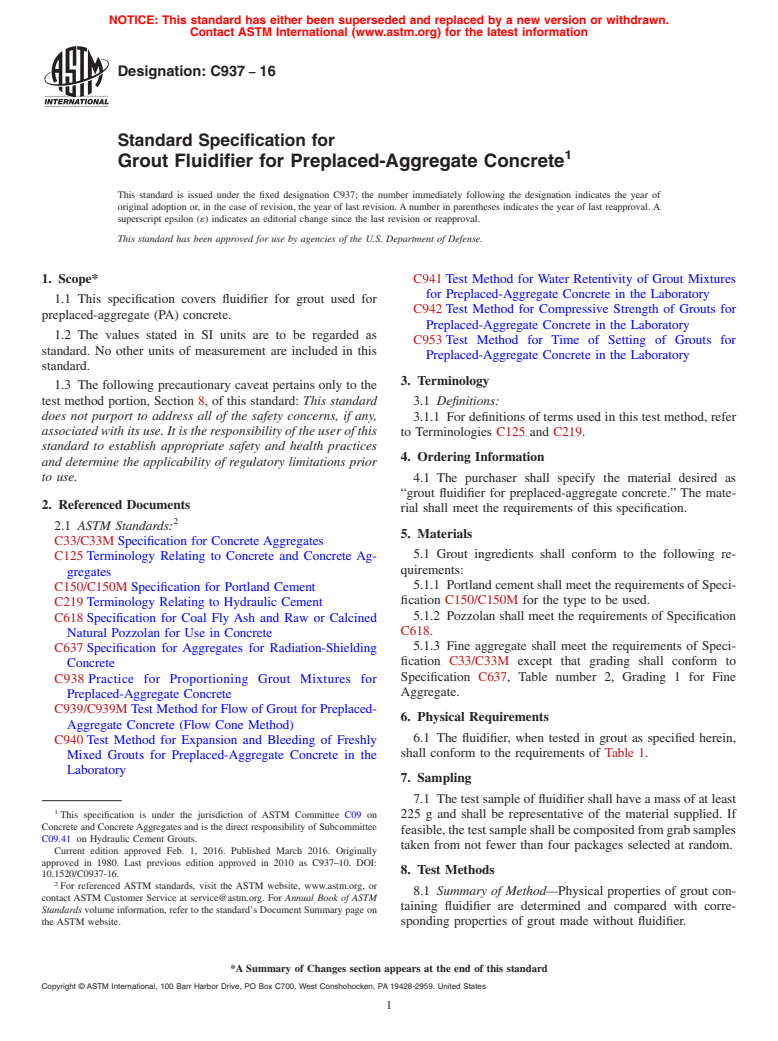 ASTM C937-16 - Standard Specification for  Grout Fluidifier for Preplaced-Aggregate Concrete