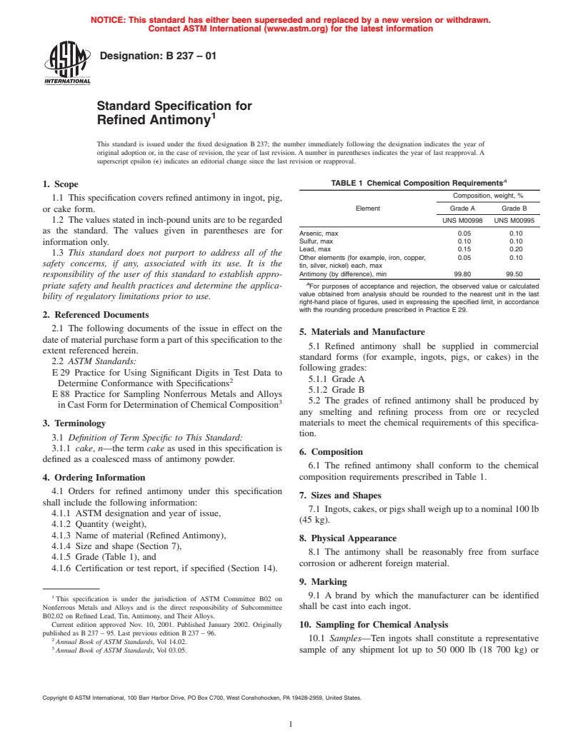 ASTM B237-01 - Standard Specification for Refined Antimony