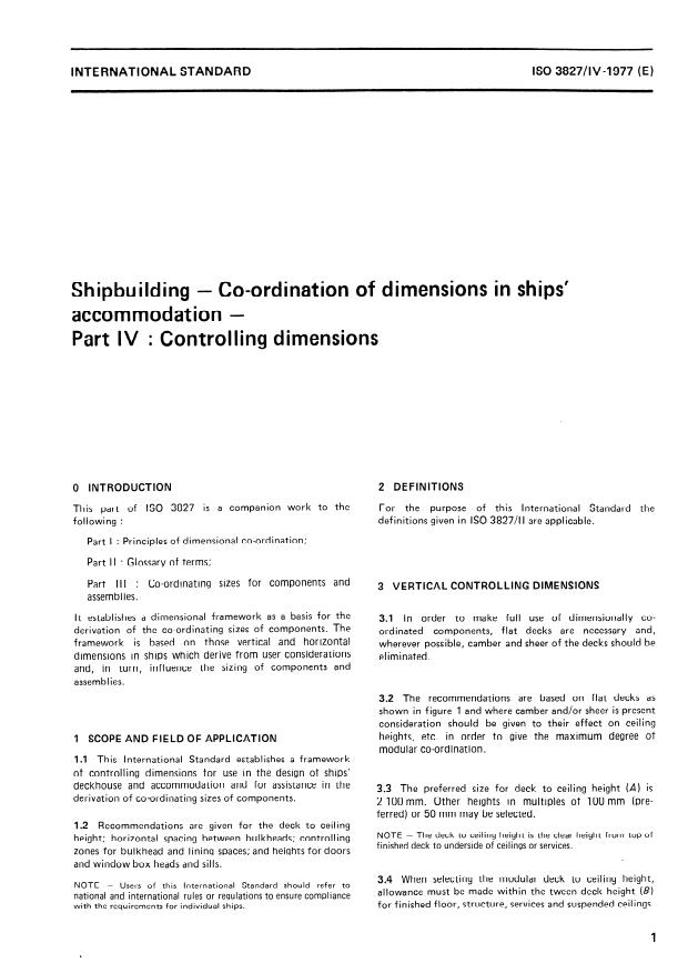 ISO 3827-4:1977 - Shipbuilding -- Co-ordination of dimensions in ships' accommodation