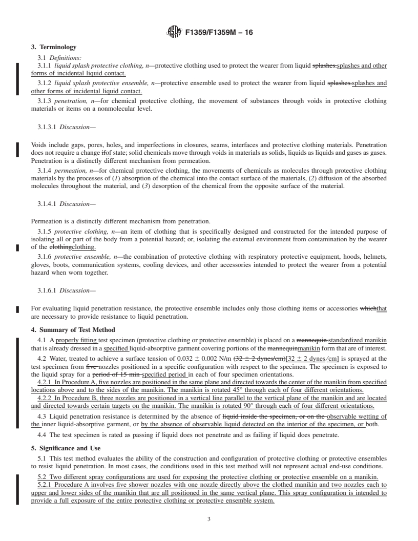 REDLINE ASTM F1359/F1359M-16 - Standard Test Method for  Liquid Penetration Resistance of Protective Clothing or Protective  Ensembles Under a Shower Spray While on a Manikin