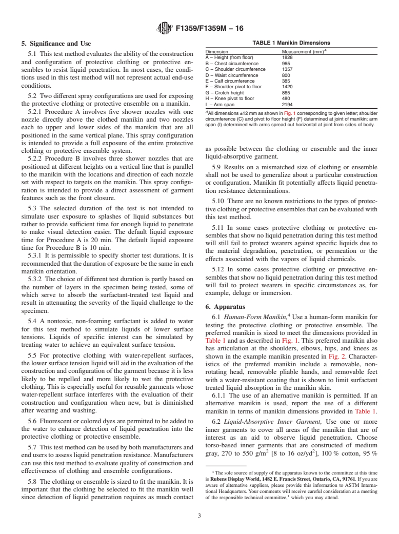 ASTM F1359/F1359M-16 - Standard Test Method for  Liquid Penetration Resistance of Protective Clothing or Protective  Ensembles Under a Shower Spray While on a Manikin