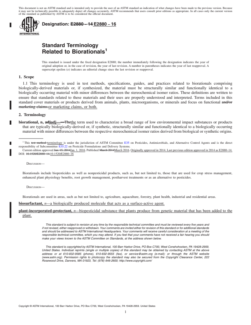 REDLINE ASTM E2880-16 - Standard Terminology Related to Biorationals