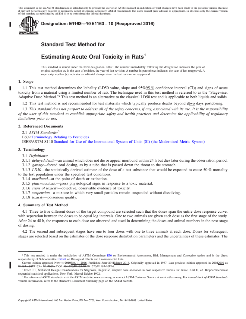 REDLINE ASTM E1163-10(2016) - Standard Test Method for Estimating Acute Oral Toxicity in Rats