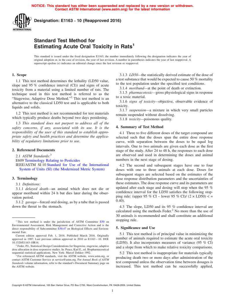 ASTM E1163-10(2016) - Standard Test Method for Estimating Acute Oral Toxicity in Rats