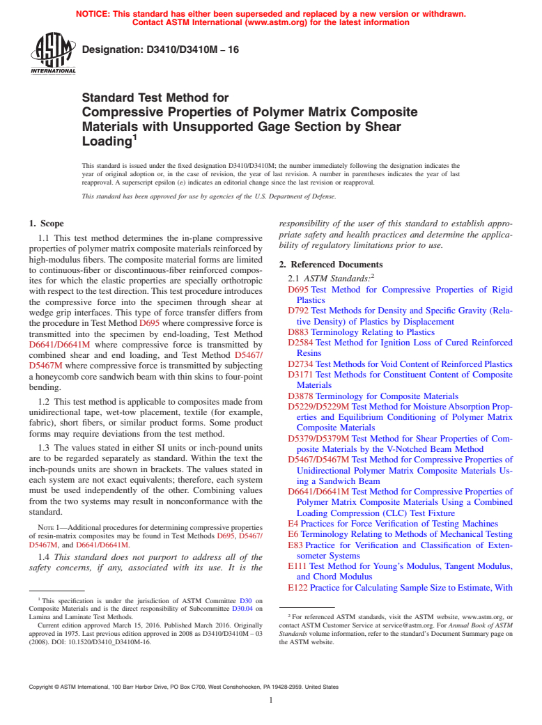 ASTM D3410/D3410M-16 - Standard Test Method for  Compressive Properties of Polymer Matrix Composite Materials  with Unsupported Gage Section by Shear Loading