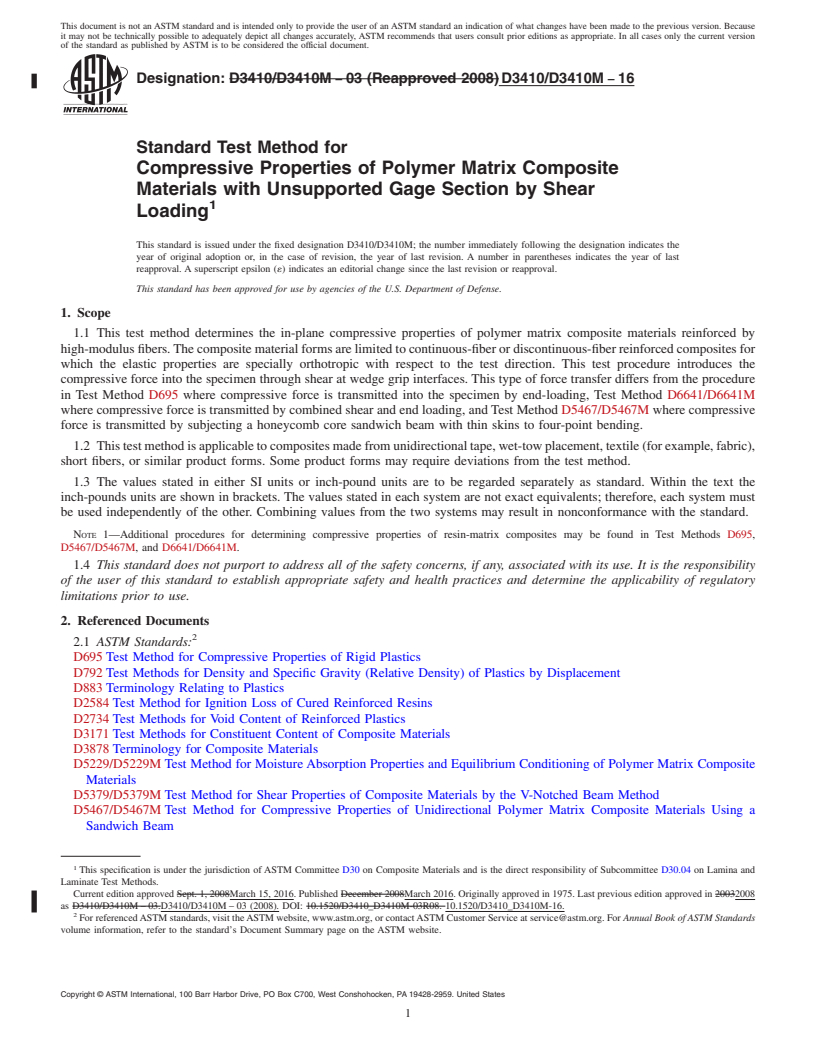 REDLINE ASTM D3410/D3410M-16 - Standard Test Method for  Compressive Properties of Polymer Matrix Composite Materials  with Unsupported Gage Section by Shear Loading