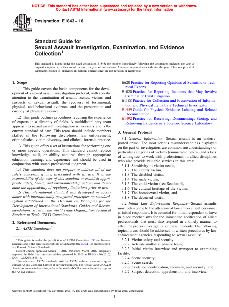 ASTM E1843-16 - Standard Guide for  Sexual Assault Investigation, Examination, and Evidence Collection