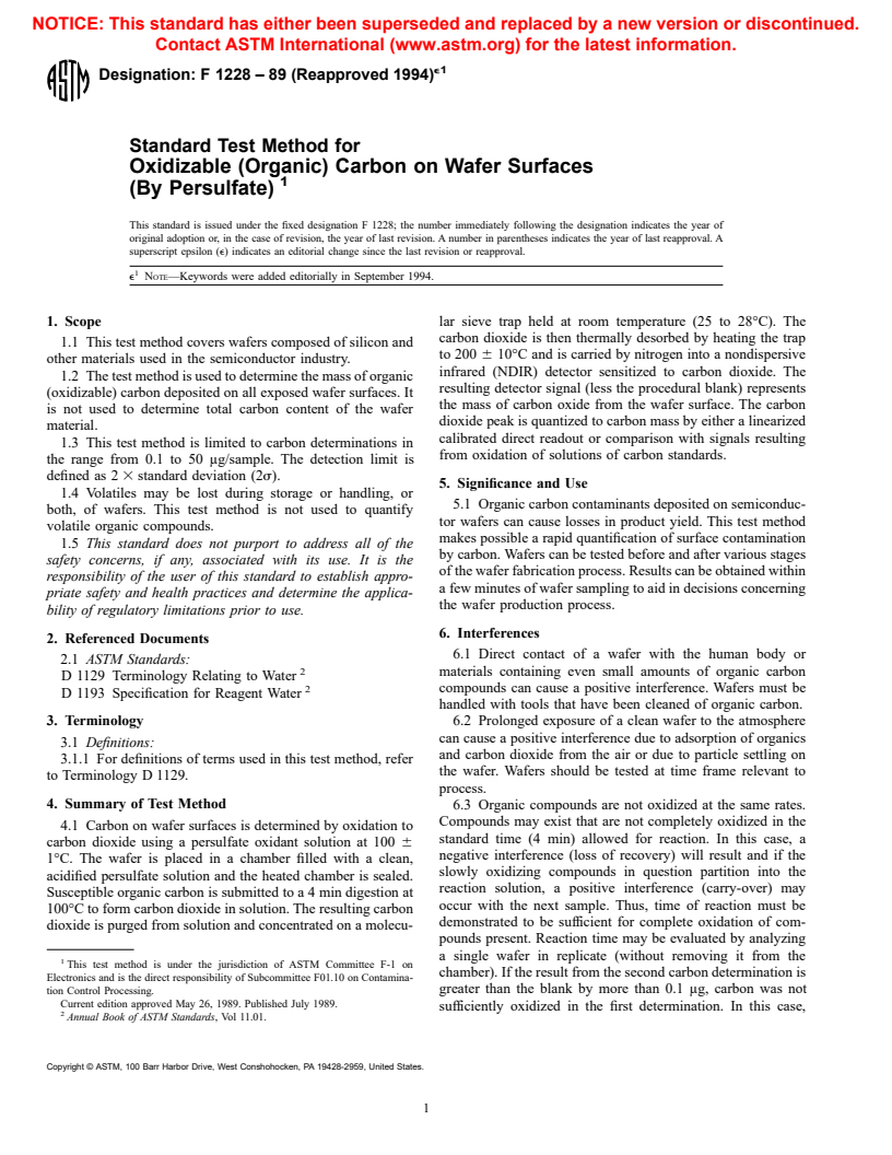 ASTM F1228-89(1994)E01 - Test Method for Oxidizable (Organic) Carbon on Wafer Surfaces (By Persulfate) (Withdrawn 2001)