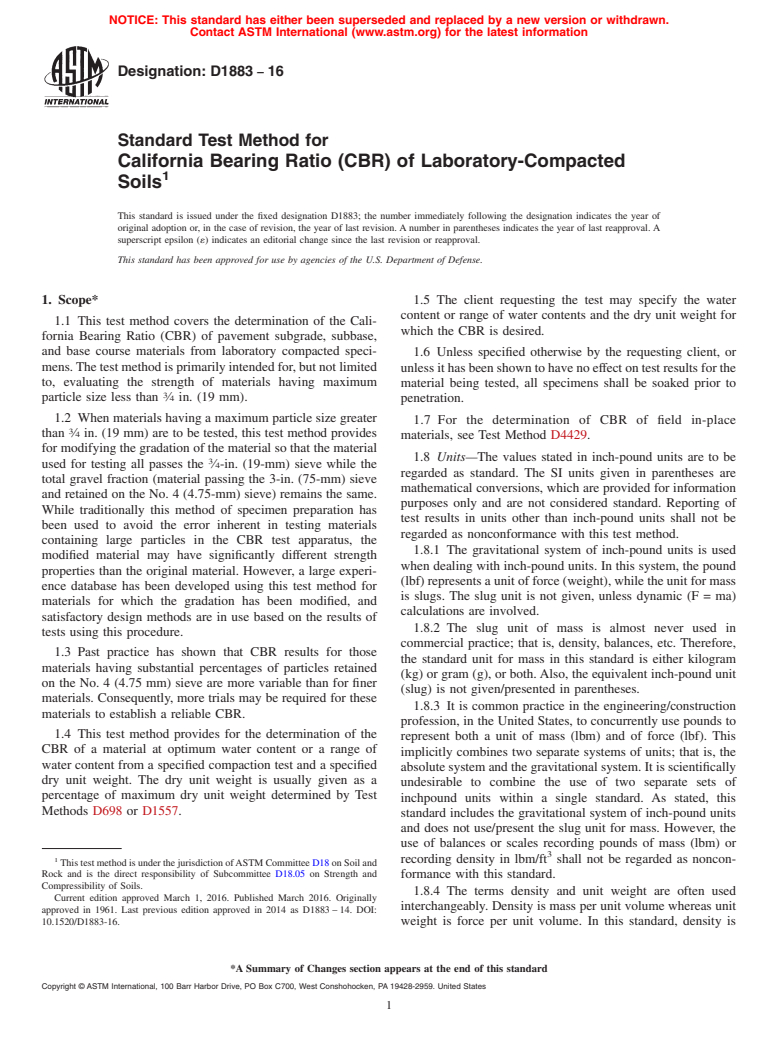 ASTM D1883-16 - Standard Test Method for California Bearing Ratio (CBR) of Laboratory-Compacted Soils