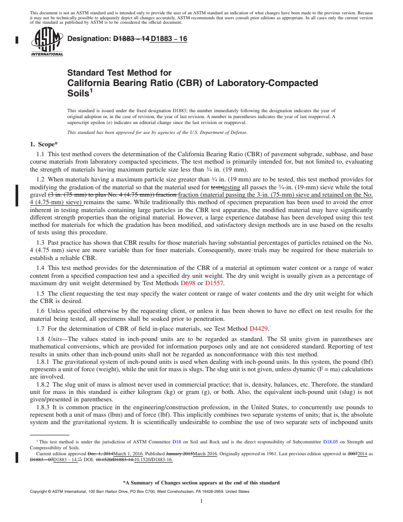 REDLINE ASTM D1883-16 - Standard Test Method for California Bearing Ratio (CBR) of Laboratory-Compacted Soils