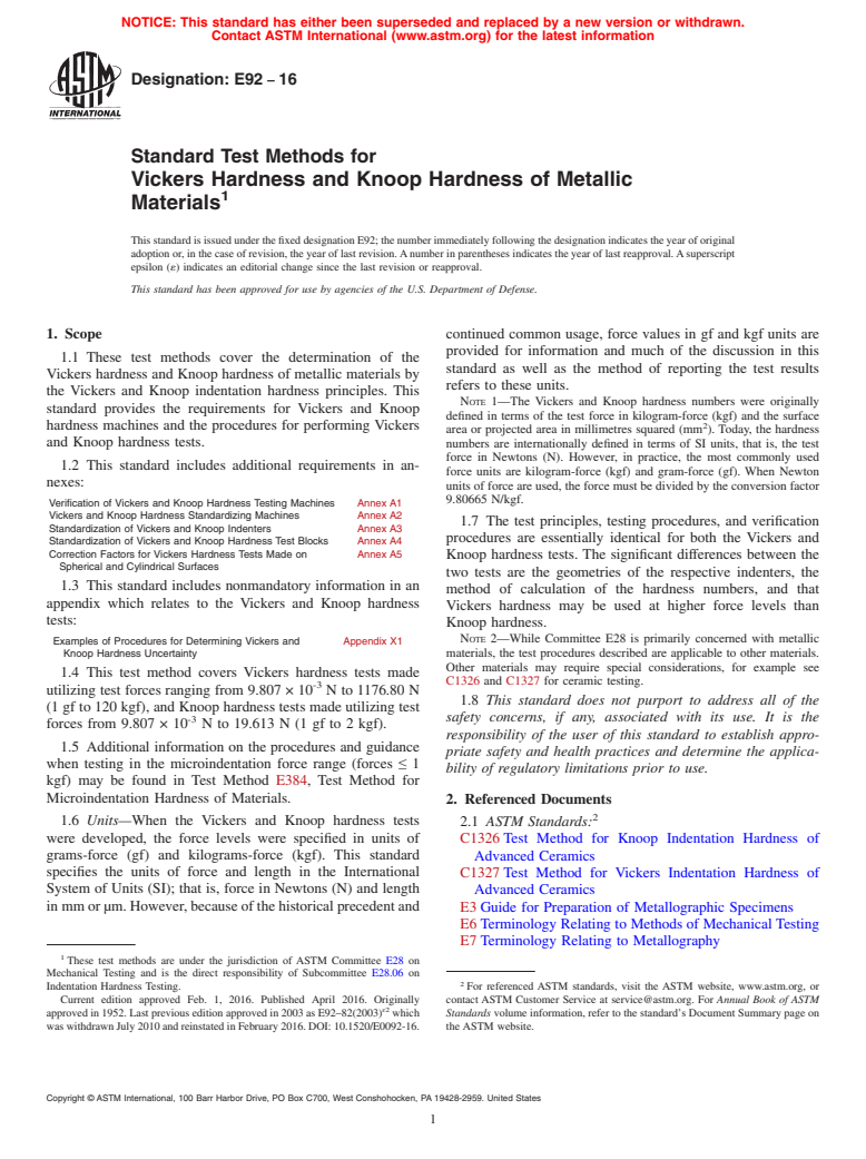 ASTM E92-16 - Standard Test Methods for Vickers Hardness and Knoop Hardness of Metallic Materials
