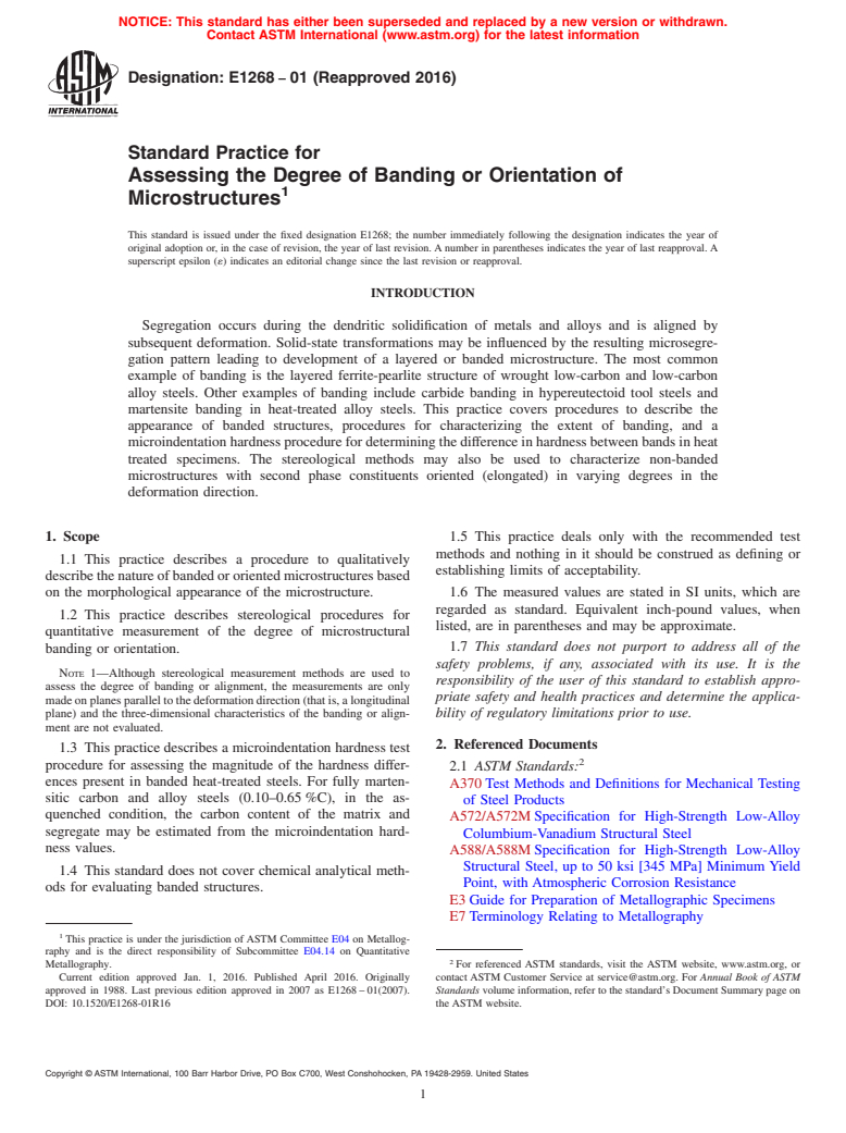 ASTM E1268-01(2016) - Standard Practice for  Assessing the Degree of Banding or Orientation of Microstructures