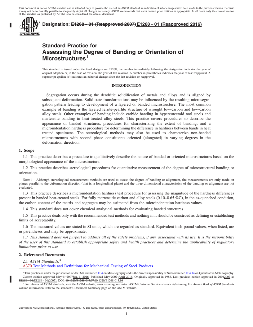 REDLINE ASTM E1268-01(2016) - Standard Practice for  Assessing the Degree of Banding or Orientation of Microstructures